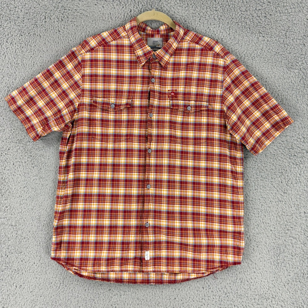 Vintage Quiksilver Shirt Mens Large Red Orange Plaid Short Sleeve Button Up